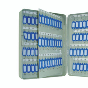 CW Office Q-Connect 140 Key Cab Wall Mounted, blue key tags organized on metal hooks inside a wall-mounted metal cabinet.