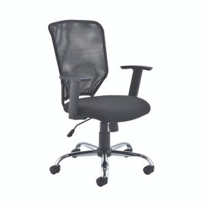 CW Office First Mesh Task Chair Black, ergonomic office chair with a breathable mesh backrest, cushioned seat, adjustable armrests, and a five-wheel chrome base for mobility.