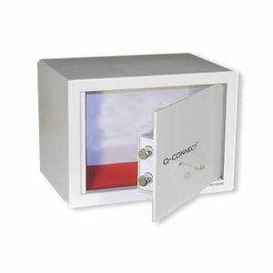 CW Office Q-Connect Key-Operated Safe 10L, small white safe with door partially open revealing red interior and two locking bolts.