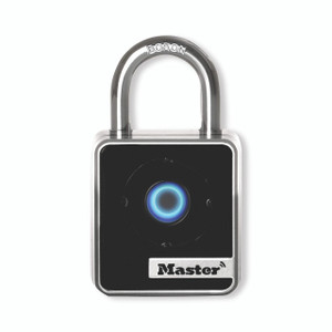 CW Office Master Lock Indoor Bluetooth Padlock, small electronic padlock with illuminated circular button and metal shackle.