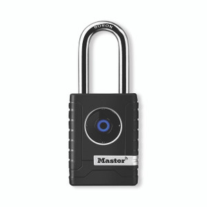 CW Office Master Lock Otd Bluetooth Padlock, black smart padlock with Bluetooth connectivity and keyless access.
