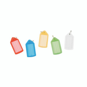 CW Office Q-Connect Sliding Keyfob Medium PK40, set of five colorful plastic keyfobs in red, blue, yellow, green, and white with metal key rings