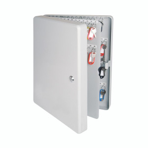 CW Office Helix Std Key Cabinet 150 Key Cap, white key cabinet with keys hanging inside for secure key storage.