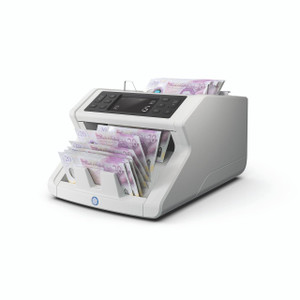 CW Office Safescan 2210 G2 Banknote Counter, electronic banknote counting machine with digital display and multiple currency notes.
