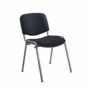 CW Office Jemini Ultra Mpps Stkg Chair BLK, black upholstered stackable office meeting chair with a cushioned seat and backrest, silver metal frame and legs.