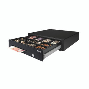 CW Office Safescan SD-4141 Std Duty Cash Drawer, black metal cash register drawer with coin and bill compartments and secure lock system.