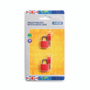CW Office Travel Padlock With Key PK5, image of two red brass padlocks with keys in blister packaging for travel security.