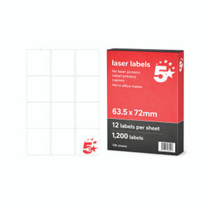 CW Office A4 Addr/Parcel Lab 63.5X72MM PK1200, image of a pack of laser labels with a sheet of printable labels alongside a box showing specifications.