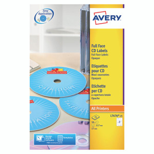 CW Office Avery 2P/S Ijet CD Labels BLK/Wh BX25, pack of full face opaque color labels designed for CD personalization.