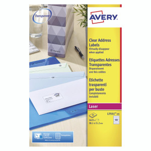 Product CW Office Avery Clear Address Labels, image of label sheets with transparent labels on blue, green, and white backing sheets, designed for laser printers.