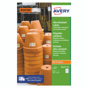 Product CW Office Avery Ures Labels 74X105MM PK160, green packaging box with orange and white accents, showing stacks of orange plant pots with labels, designed for ultra resistance and outdoor use.