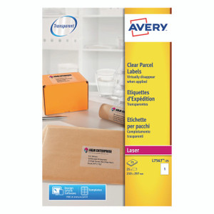Product CW Office Avery Clear Laser Lbl L7567-25, box of 25 transparent parcel labels for laser printers with 210 x 297 mm size and easy application, shown with packaging and written details.
