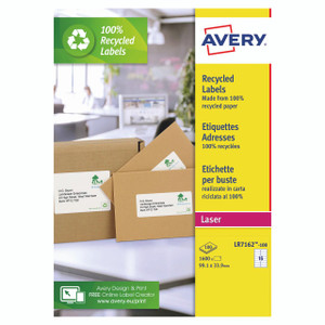 Product CW Office Avery Recycled Address Labels, brown mailing envelopes with white labels showing recycled paper and eco-friendly icons.