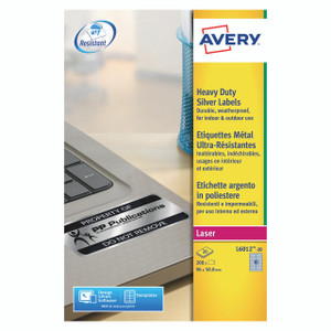 CW Office Avery 96MMX50.8MM Heavy Duty Label, a pack of durable, weatherproof silver metal labels for indoor and outdoor use, with a laser-compatible design.