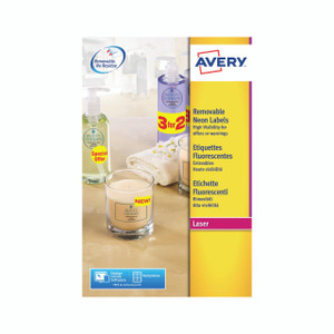 CW Office Avery Neon Labels Neon Yell PK25, image of packaging for neon high visibility, removable labels with offer tags and candles on a table.