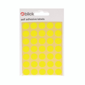 CW Office Blick Fluorescent Labels 13mm Yellow P2800, sheet of self-adhesive round fluorescent yellow labels for office and organizational use.