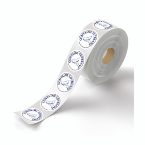 Product CW Office Food Label Contains Soy Beans PK1000, a roll of adhesive labels with soy bean illustrations for packaging and labeling food items.