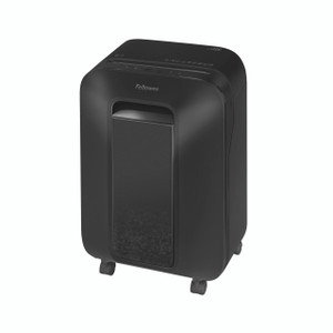 Fellowes Powershred LX200 Mcut Shrd, compact black office shredder with a large transparent waste bin and control panel on top.