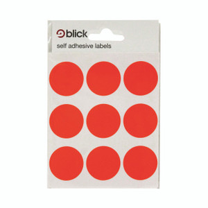 CW Office Blick Coloured Labels 29MM Red PK720, set of 9 vibrant red self-adhesive circular labels for organization and labeling.