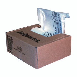 CW Office Fellowes Shredder Bags PK100, cardboard box containing 100 shredder bags with a perforated design for easy dispensing.