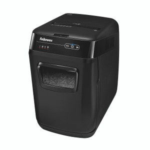 Fellowes Automax 150C Cross-Cut Shredder, black office shredder with transparent window for shredded paper, electronic controls, and compact design.
