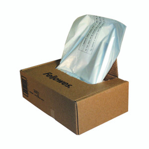 CW Office Fellowes Shredder Bags 100-165L PK50, cardboard box containing shredder disposal bags, open with one bag partially visible inside.