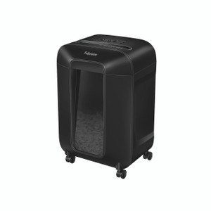 CW Office Fellowes Powershred LX85 C-cut Shredder, black office shredder with a transparent window and caster wheels for mobility.