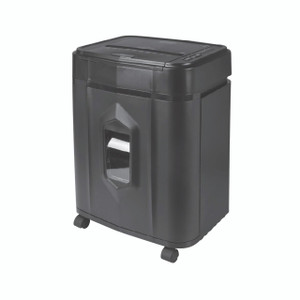 CW Office Q-Connect Q120 Cross Cut Shredder, black office paper shredder with transparent window and wheel casters for easy mobility.