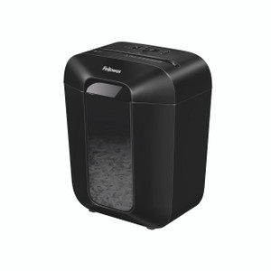 CW Office Fellowes Powershred LX45 Cc Shredder, Compact black paper shredder with a transparent window for shred waste viewing.