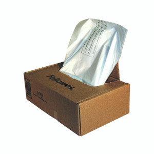 CW Office Shredder Waste Bags 143L Clear PK50, a cardboard box containing clear waste disposal bags for office shredders.