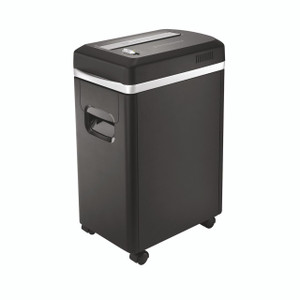 CW Office Q-Connect Q8MICRO Micro Cut Shredder, black and silver office paper shredder with compact design and caster wheels for easy mobility.