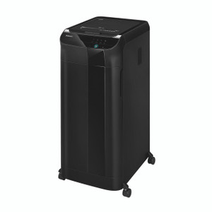 CW Office Fellowes Automax 550C Cross-Cut Shredder, black office shredder with digital controls and four caster wheels for mobility.