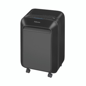 Fellowes Powershred LX211 Mcut Shrd, black desktop shredder with a modern design and wheels for easy mobility.