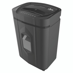 CW Office Q-Connect Q14MCC Micro Cut Shredder, black color office shredder with compact design and transparent window on the front for viewing shredded paper level.