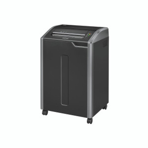 CW Office Fellowes Powershred 485CI Cross-cut Shredder, a black and silver office shredder with control panel and wheels for mobility.