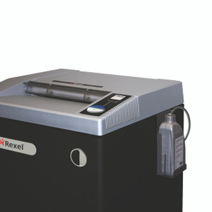 CW Office Rexel Shredder Oil Auto Oiling, a digital shredder with an automated oiling system and a visible oil container attached to the side.