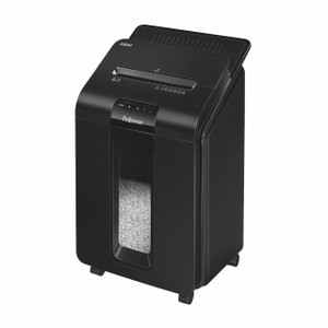 CW Office Fellowes Automax 100M Mcut Shredder, black cross-cut paper shredder with a transparent window and control buttons.