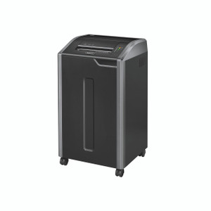 CW Office Fellowes Powershred 425CI Ccut Shrd, a high-security crosscut paper shredder with a black and gray design, digital control panel, and paper slot on top.