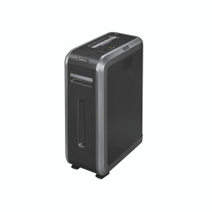 CW Office Fellowes Powershred 125I Shredder, a black and silver office paper shredder with a vertical design and a transparent paper entry window.