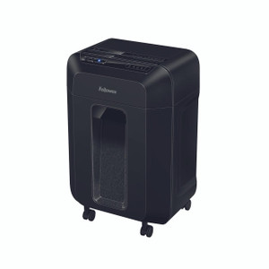 Fellowes Automax 80M Mini-Cut Shredder, black office shredder on wheels with card slot and safety features.