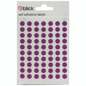 Product CW Office Blick Colored Labels 8MM Purple PK9800, sheet of small, round purple self-adhesive labels for organizational and labeling purposes.