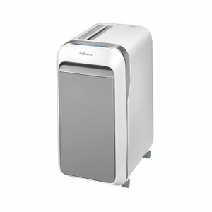 CW Office Fellowes Powershred LX221 Mcut Shredder, a modern office cross-cut paper shredder with a sleek white and gray design, compact structure, and control panel on the top for efficient document destruction.