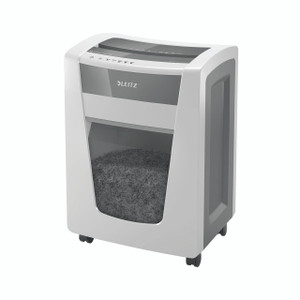 CW Office Leitz Iq Office Pro Micro-Cut Shredder, a compact white and gray office shredder with a transparent waste bin filled with shredded paper.