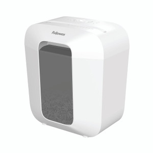 CW Office Fellowes Powershred LX25 Shredder, modern compact paper shredder with a white body, transparent window for shredded paper, and control buttons on top.