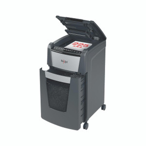 CW Office Rexel Optimum Autofeed+ 225X Shredder, modern office paper shredder with automatic feed and waste bin.