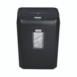 CW Office Rexel Promax Qs 10/35 X/Cut Shredder, black cross-cut paper shredder with a transparent waste bin and control panel on top.