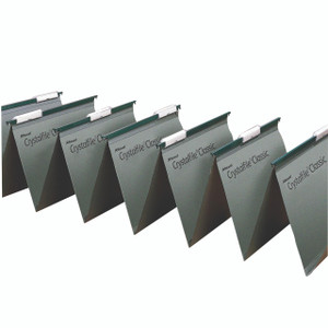 Crysalfile Susn File GRN PK50, a set of green plastic file folders with metal clamps for organizing documents.