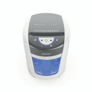 CW Office Leitz IQ OptiMax Paper Shredder 15L, modern compact office shredder with a gray and white body, manual control buttons, and a transparent waste bin for shredded paper.