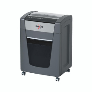 CW Office Rexel Momentum P420+ Shredder, modern paper shredder on wheels with a sleek gray and black design.
