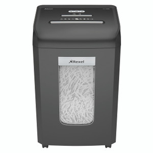CW Office Promax Qs 18/38 Strip-Cut Shredder, a modern black and gray paper shredder with a transparent paper waste bin filled with shredded paper, designed for office use.